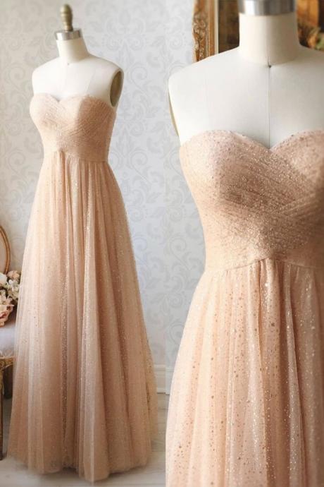 Champagne Tulle Sweetheart Long A Line Prom Dress A Line Graduation Dress