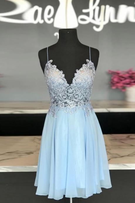 Baby Blue Chiffon Lace Short Bridesmaid Dress, Prom Dresses, Party Dress