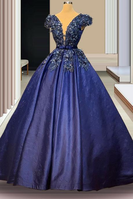 Navy Blue Appliques Prom Dresses A-Line Long Crystals Evening Dresses Women Celebrity Dresses