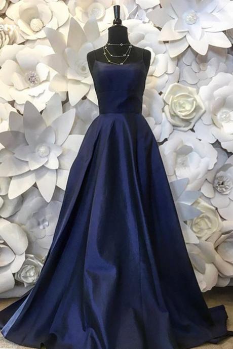 Deep Blue Satin A-line Prom Dresses Spaghetti Straps Formal Prom Gowns Women Party Dress