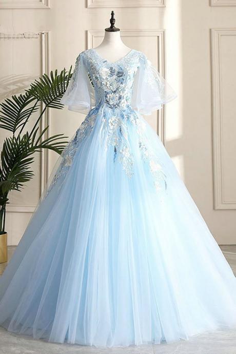 Floor Length Blue Evening Party Dress School V-neck Lace Flowers Lace-up Back Fashionable Long Prom Dress Ball Gown