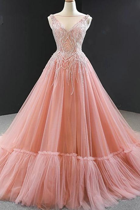 Women Prom Dresses Long Beadings Tulle Lace-up Back Dubai Ball Gown Formal Evening Gowns