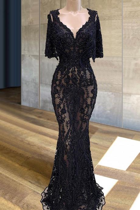 Black Lace Prom Dresses Mermaid Illusion Beading Cocktail Dresses Sexy Evening Dresses Women Party Dress