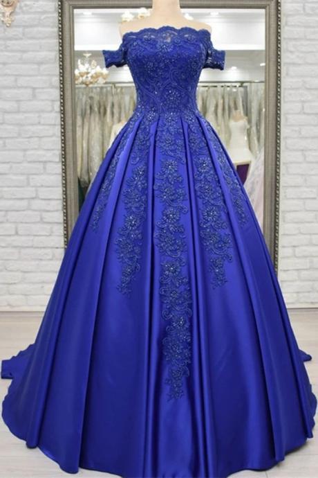 Royal Blue Satin Appliques Ball Gown Prom Dresses Off Shoulder Crystals Lace up Formal Evening Party Dress