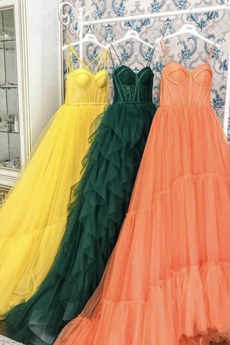 Yellow Long Tulle Prom Dresses Spaghetti Straps Sweetheart Court Train Formal Evening Party Dress
