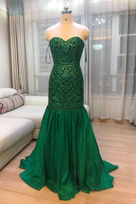 Sparkling Green Beads Prom Dresses Sexy Straps Tulle Beaded Backless Party Dress Long Mermaid Prom Gowns