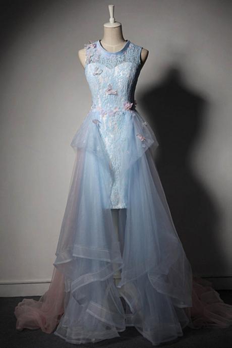 Light Blue Lace Round Neck High Low A Line Prom Dress Evening Dress With Removable Skirt