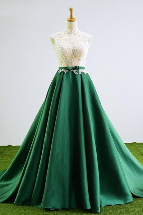 Green Lace Prom Dresses Long Beaded High Neck Graduation Gown Evening Dress