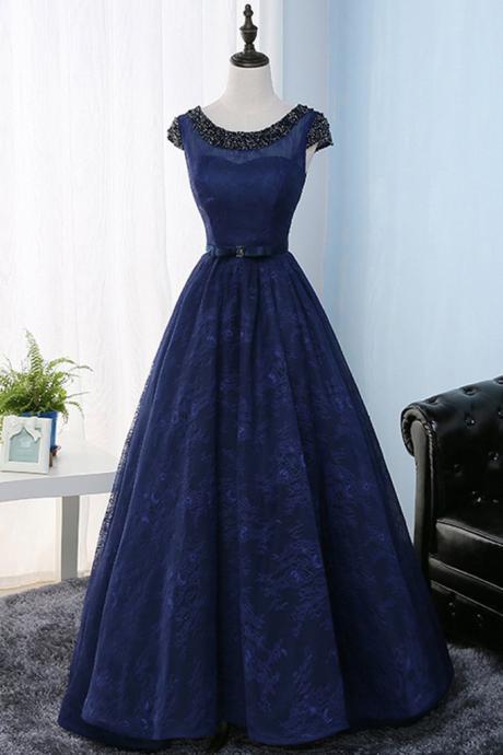 Navy Blue Lace Prom Dresses Long Beaded Women Prom Evening Party Dresses