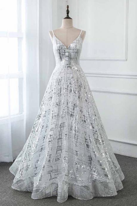 Silver Sequins Long Prom Dresses V Neck Formal A-line Dress