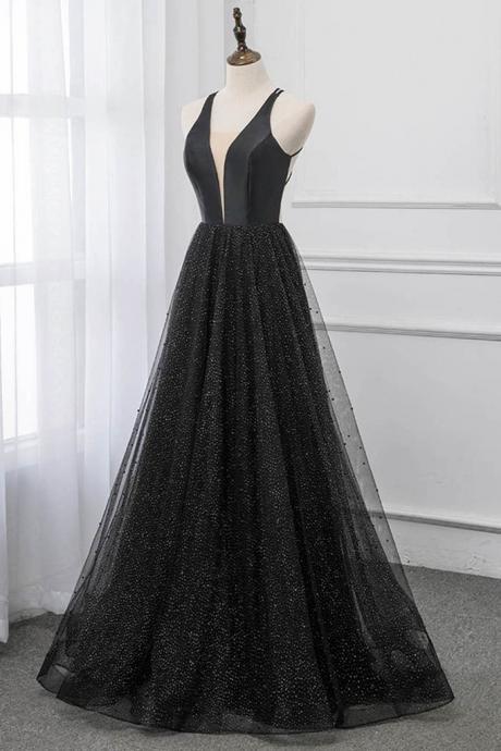 Sexy Black Deep V Neck Long Prom Dresses Backless Tulle Formal Party Dress