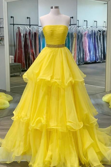Yellow Tulle Strapless Long A Line Prom Dress, Backless Evening Dress