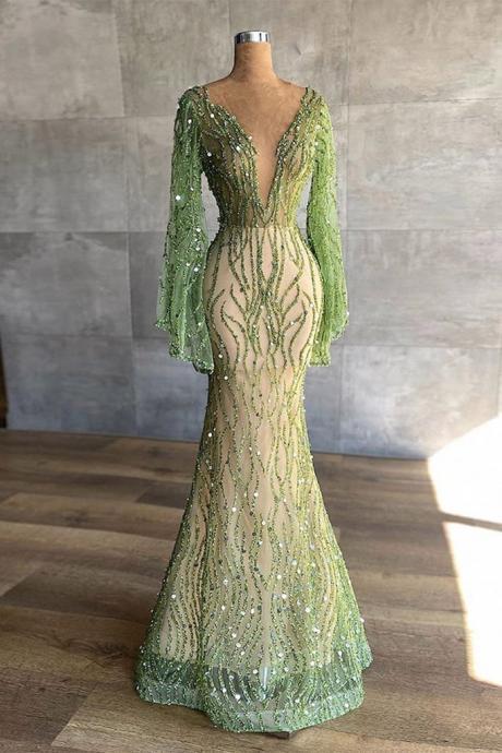 Sexy Deep V Neck Green Prom Dress 2021 Full Sleeve Crystals Sequined Mermaid Fashion Evening Gown Pageant Dresses