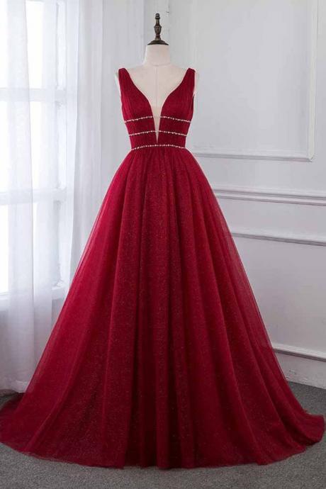 Wine Red Prom Dresses Bling Tulle Deep V Neck Crystals 2019 Evening Gown Backless