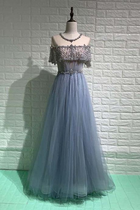 2021 Elegant Dubai Blue Prom Dresses Long Rhinestone Sequined Tulle Formal Evening Party Gown