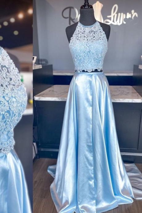 2021 Prom Dress 2 Pieces Sky Blue Floor Length Lace A-line Homecoming Dress