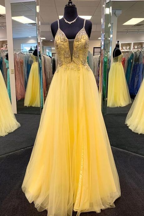 2021 Yellow Tulle Open Back Prom Dress Spaghetti Strap V-neck Crystal Beading Long Dress