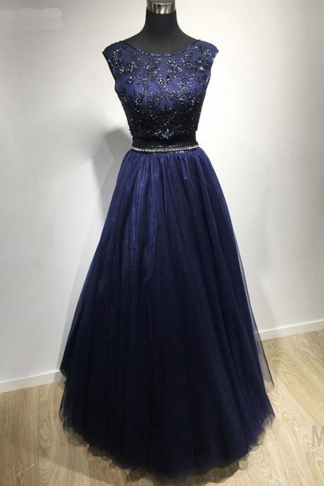 2021 Formal Navy Blue 2 Piece Prom Dresses Exquisite Beaded Tulle A Line Floor Length Long Evening Gowns