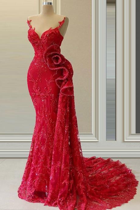 Turkish Couture Red Lace Prom Dresses Mermaid Sleeveless Sexy Evening Dresses Wedding Party Dress