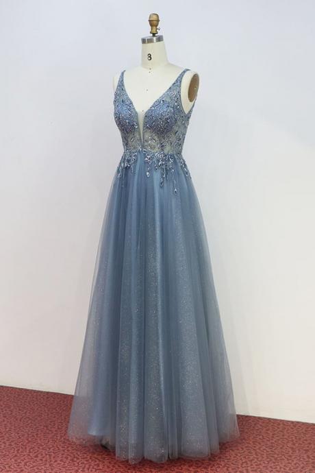 Dusty Blue Long Prom Dresses Deep V Neck Tulle Crystal Beaded Formal Party Dress