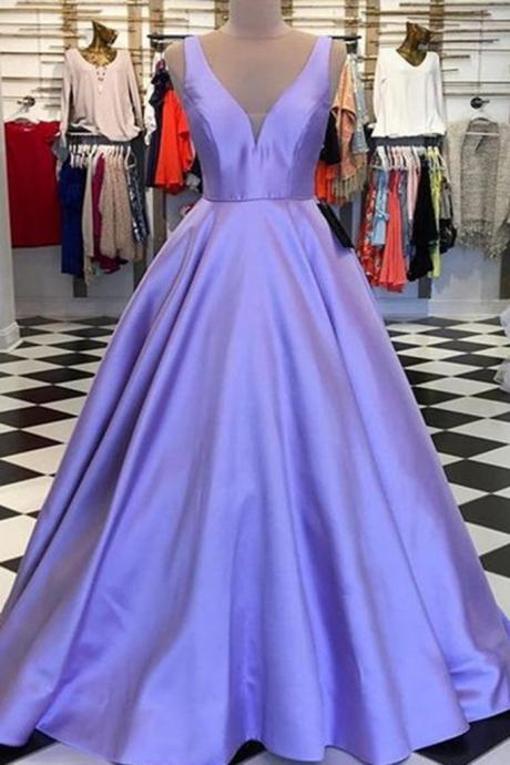 Lavender Satin A-line Satin Long Prom Dresses, V-neck Party Prom Dresses