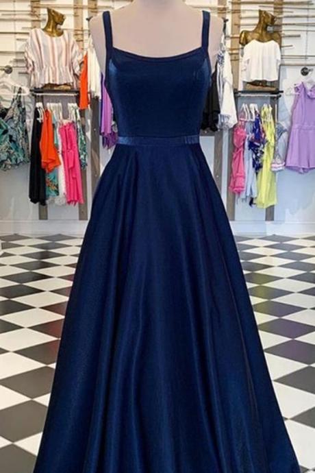 Navy Blue Long A-line Simple Long Prom Dress, Customize Party Dresses