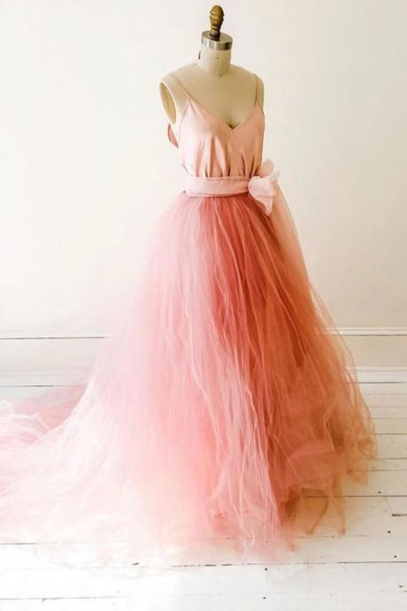 Pink Tulle V Neck Long Sweet 16 Prom Dress, Graduation Dress