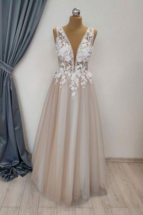 Simple Long Tulle Prom Dress, V Neck Lace Applique Evening Dress