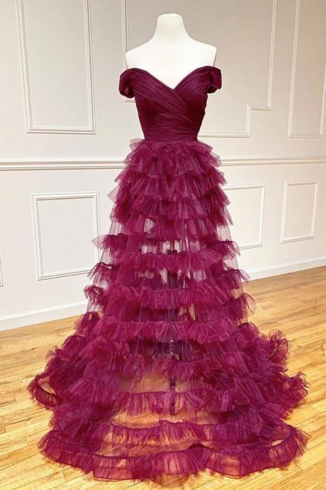 Burgundy Tulle Sweetheart Neck Long Off Shoulder Dress, Prom Dress, Evening Dress