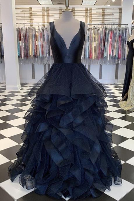 Navy Blue Tulle V Neck Multi-layer Long Formal Dress Prom Dress Evening Dress