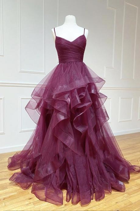 Deep Red Tulle Long Spaghetti Straps Prom Dress V Neck Open Back Evening Dress