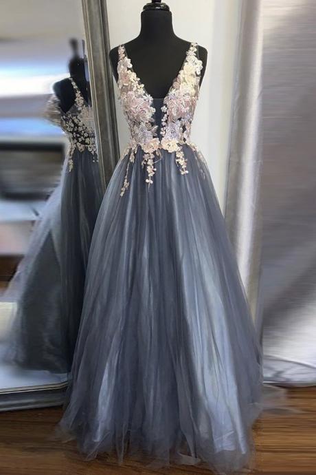 Gray Tulle V Neck Long Flower Lace Applique Evening Dress Prom Dresses