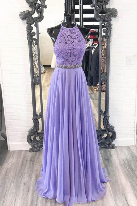 Purple Chiffon Lace A Line Prom Dress, Graduation Dress, Evening Dress