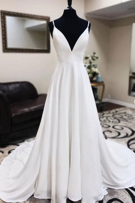 White Tulle V neck Long Dress White Long Prom Dress, Formal Dress