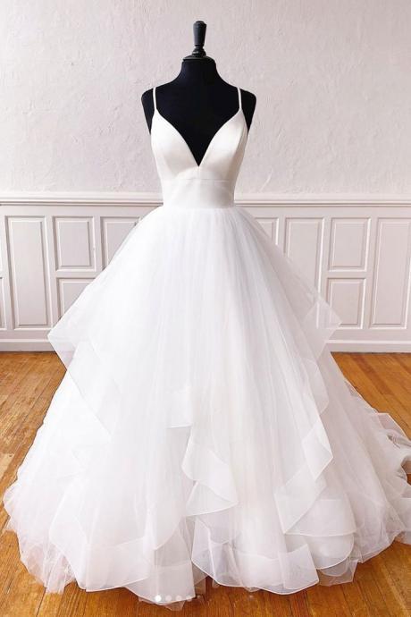 White V Neck Long Prom Dress White Tulle Custom Made Formal Dress