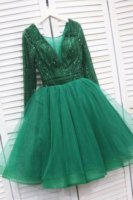 Sparkly Tulle Emerald Green Short Prom Dresses Lace Appliques Crystals Beading Cocktail Dresses Lace Up Back Short Formal Dresses