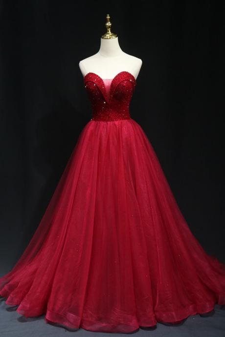Sparkly Sweetheart Tulle Long Formal Dresses For Women Crystals Beading Red Prom Dresses A-line Lace Up Back Evening Dresses