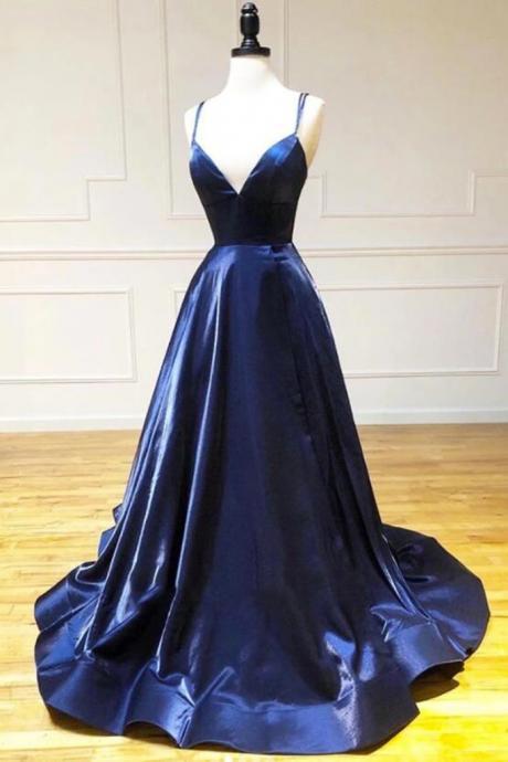 Classic Spaghetti Straps Navy Blue Satin Evening Gowns A Line Prom Dress Custom Made Party Gowns
