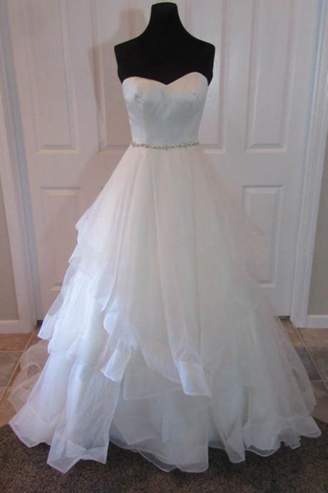 White Tulle Strapless Long Sweetheart Dress, Prom Dress, Beaded Wedding Dress