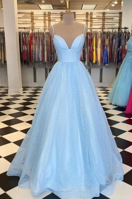 Light Blue Tulle V Neck Long Dress Spaghetti Straps A Line Prom Dress Evening Dress