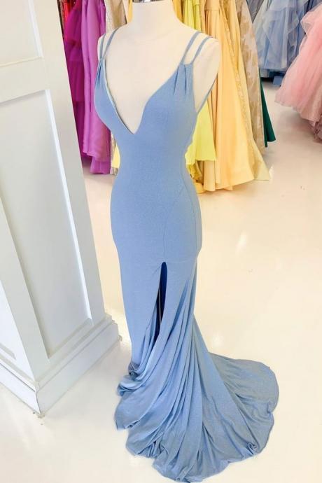 Blue V Neck Spaghetti Straps Long Mermaid Prom Dress, Evening Dress