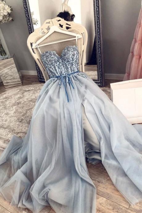 Sweetheart Blue Tulle Sequins Long Prom Dress Evening Dress Graduation Dress