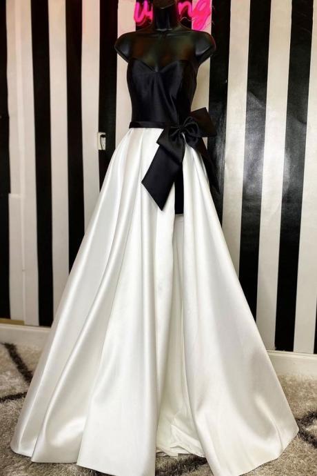 Simple White And Back Long Sweetheart Prom Dress Evening Dress With Bowknot