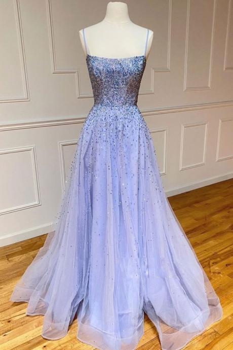 Cute Long Tulle Sequins Prom Dress, Backless Evening Dress