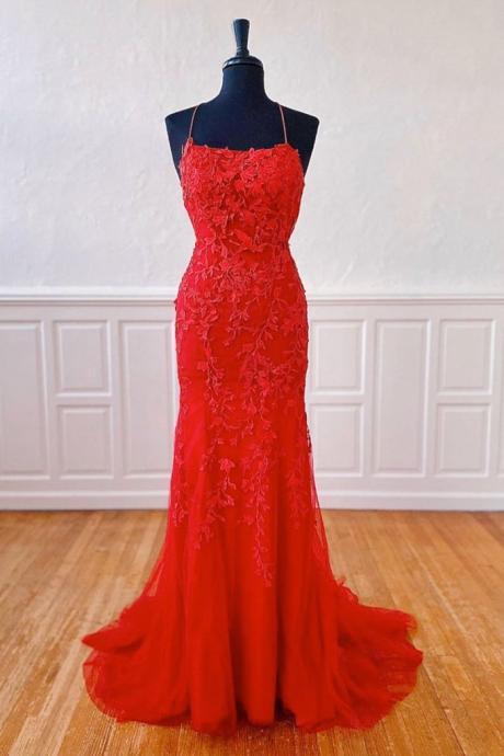 Red Tulle Lace Open Back Long Mermaid Dress, Prom Dress, Evening Dress