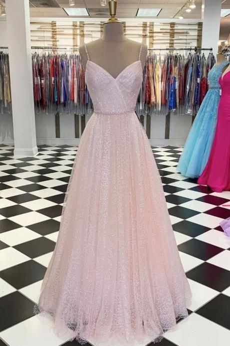 Pink Sequins Tulle A Line Long Prom Dress Evening Dress Pageant Prom Dress