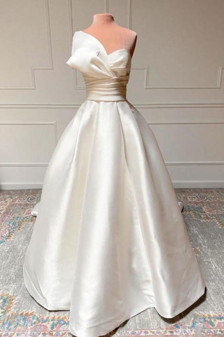 Ivory Satin One Shoulder Long Dress Prom Dress Custom Size Bridal Dress
