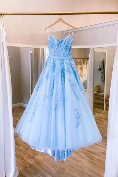 Sky Blue Tulle Lace Up Spaghetti Straps Long Dress, Prom Dress, Evening Dress