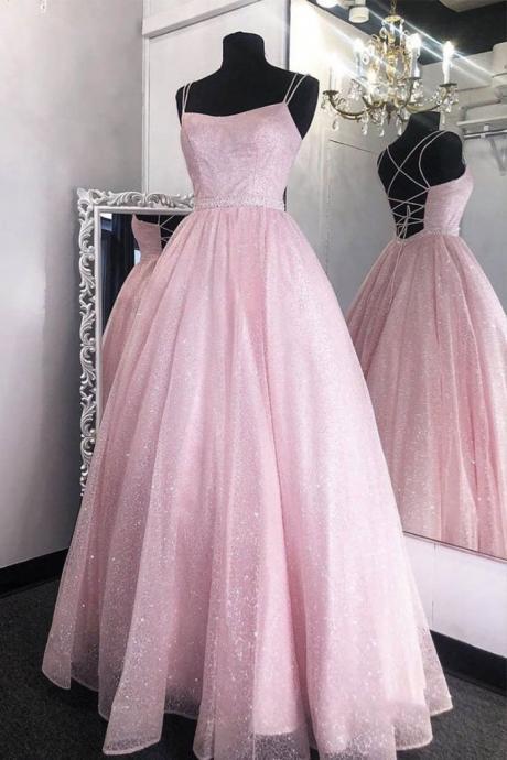 Unique Pink Tulle Cris-cross Back Long Dress Prom Dress Sequins Evening Dress