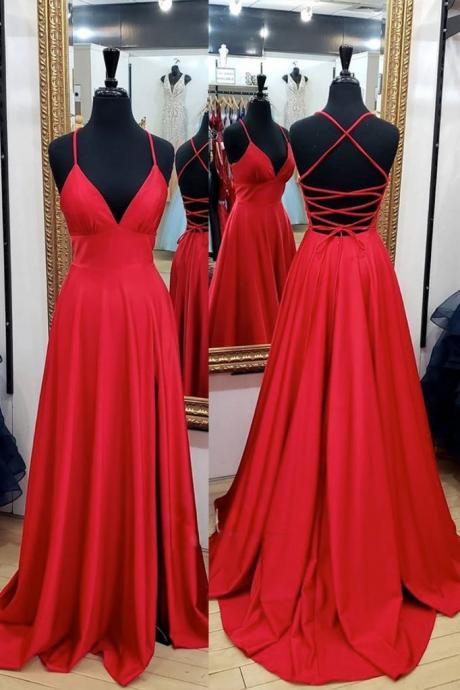 Simple Red Satin Long A Line Prom Dress Long Customize Evening Dress